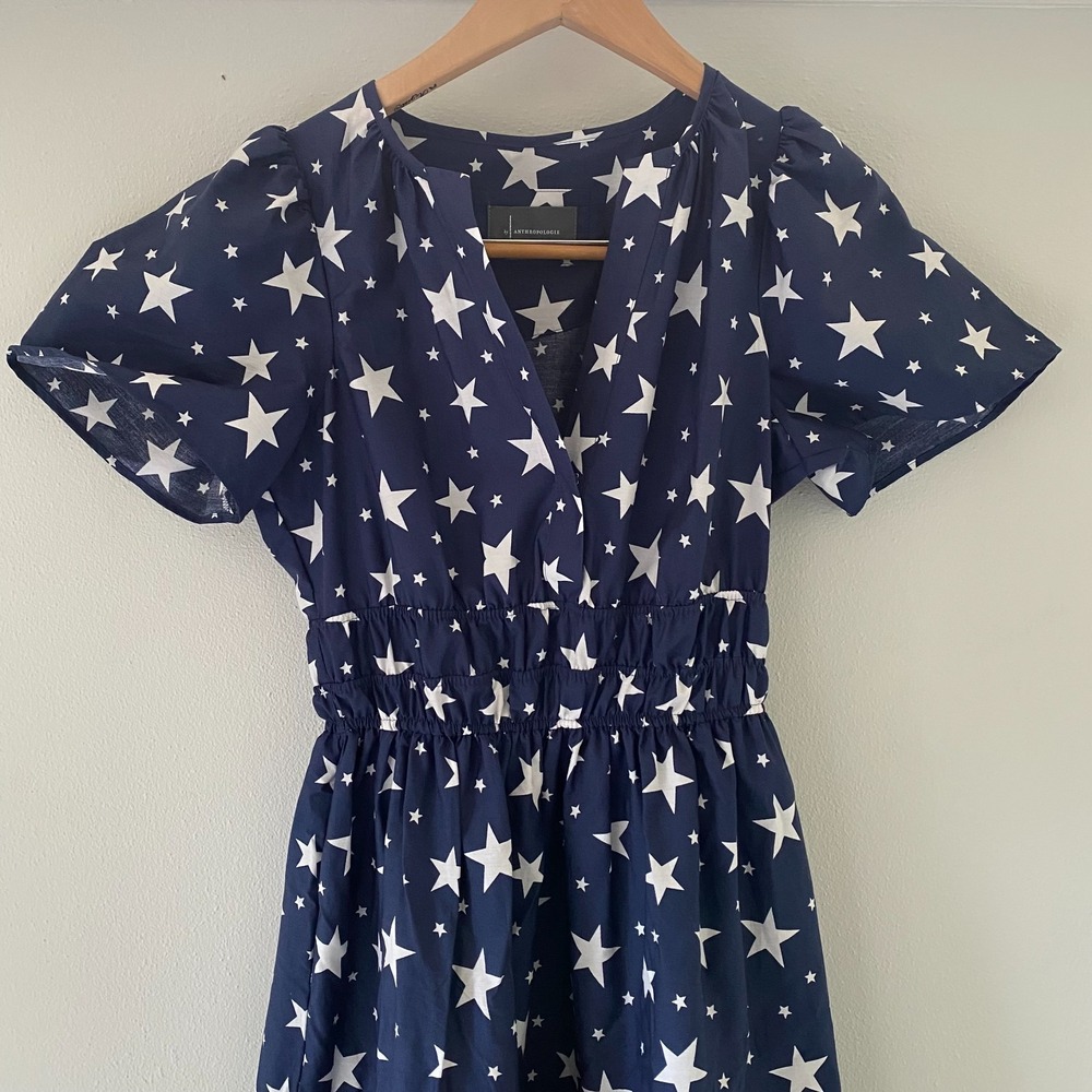 Anthropologie SOMERSET womens Dress XS Short Sleeve Navy White Stars Patriotic - Picture 2 of 11